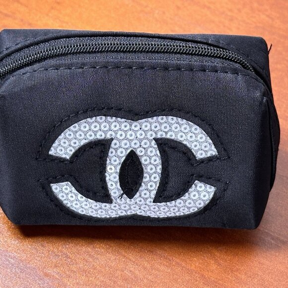 Chanel Black Cosmetic Pouch nip white sequins CC - Picture 1 of 6